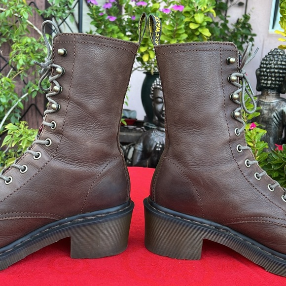 Dr. Martens Granny Style Plaid Lined Mid Calf Lace Up Heeled Brown Leather Boots - Picture 9 of 17